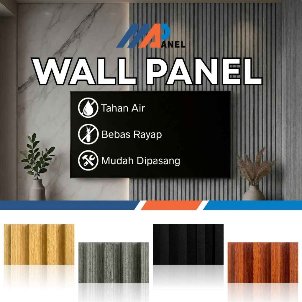 WPC Wall Panel motif kayu untuk dinding interior ukuran 16,8 x 290 cm tahan air, bebas rayap, mudah dipasang, cocok untuk rumah, kantor, hotel, café, restoran, dan apartemen.