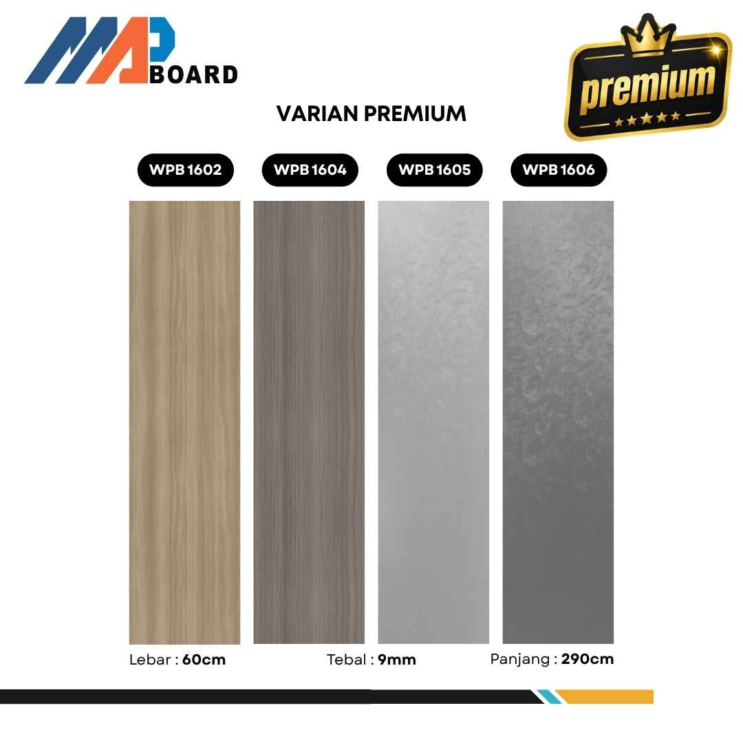 Wall Panel Board Premium 60 cm MAP Board dengan motif premium ukuran 60 x 290 cm tebal 9 mm.